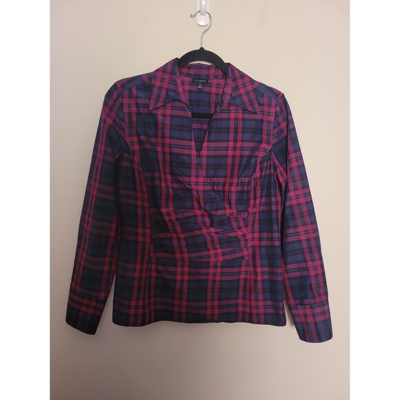 Talbots Silk Navy Pink Plaid Blouse Sz 10 Office Career Business Casual Preppy - Picture 2 of 9